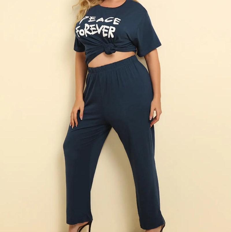 Plus Size PEACE FOREVER Dark Blue Short Sleeve Top & Pants Set - runwayfashionista.com