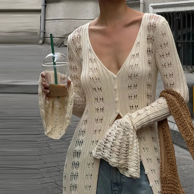 Apricot, Coffee, or Wine Red hollow out horn sleeve woolen cardigan with V-neck, long flared sleeves, high waist, and button-up front. Made of cotton, available in sizes S-L.