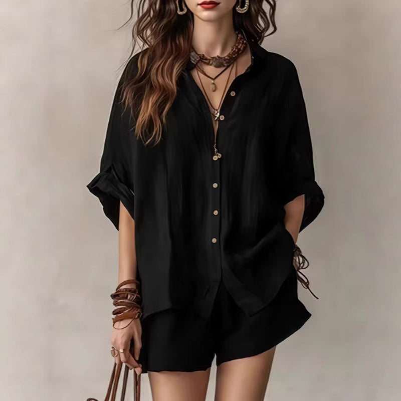 Single-Breasted Short-Sleeved Shirt Wide-Leg Shorts - black