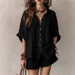 Single-Breasted Short-Sleeved Shirt Wide-Leg Shorts - black