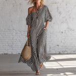 Striped Print Short-Sleeved Maxi Dress - black