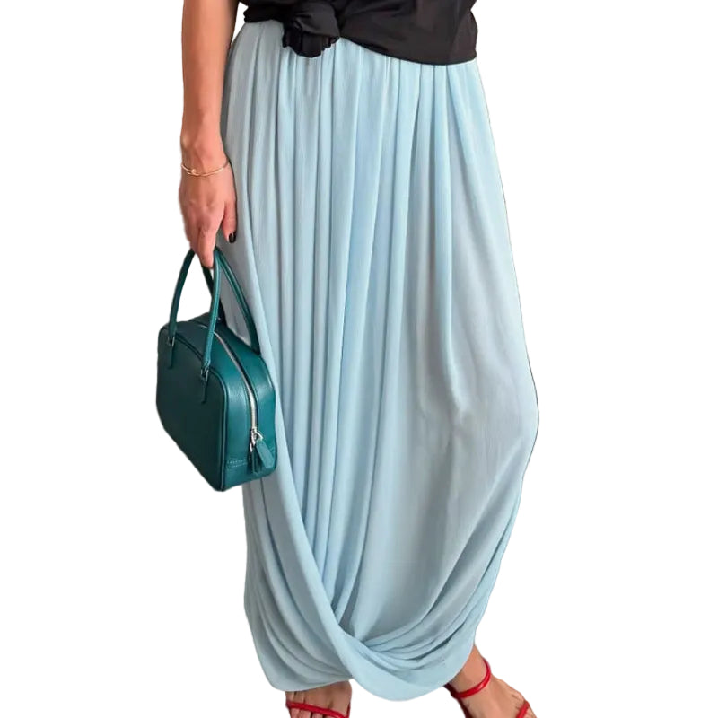 Pleated Draped Maxi Skirt - blue