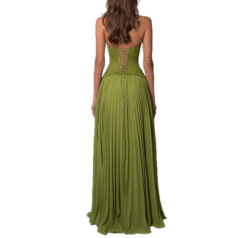 Backless Ruched Strapless Maxi Dress - green