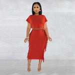 Round Neck Short Sleeve Long Dress Two-Piece Set - Red