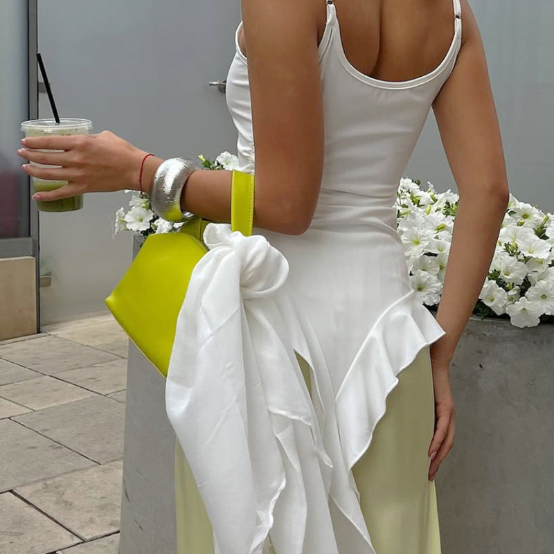 White Fitted Scoop-Neck Spaghetti-Strap Asymmetric Cascade-Ruffle Hem Top