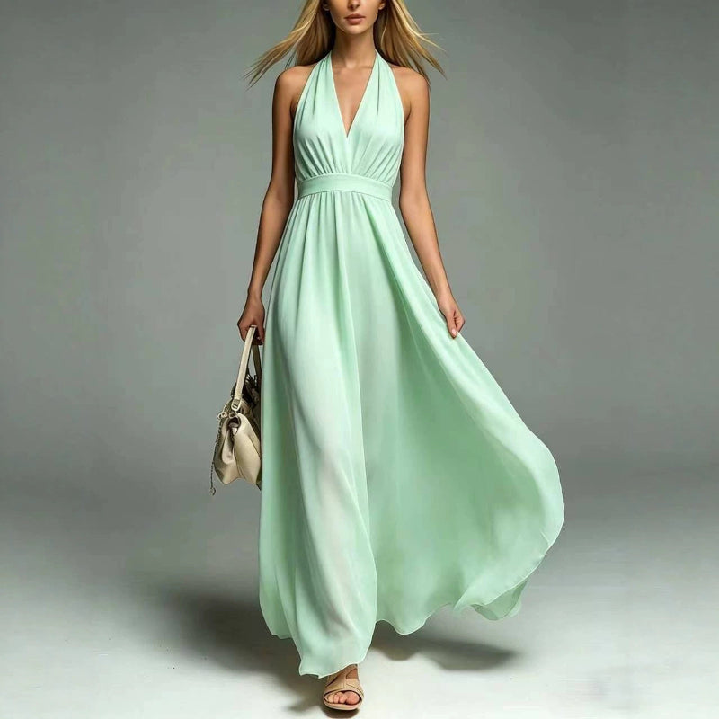 V-neck Sleeveless Waist-cinching Maxi Dress - light green