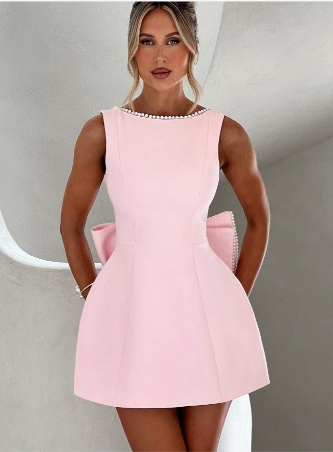 Big-Bowed Pearls Backless Mini Dress