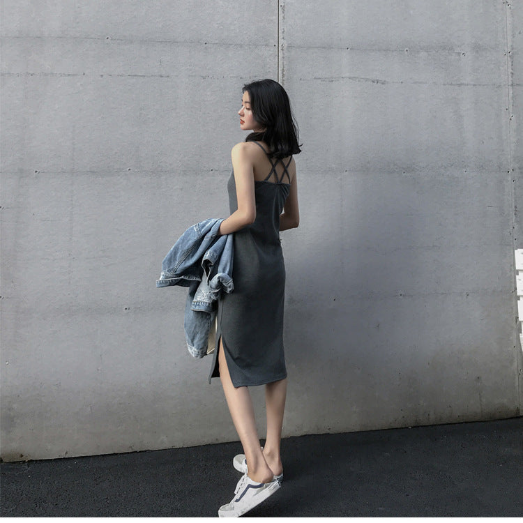 Chic Mid-Length A-Line Strap Dress - grey