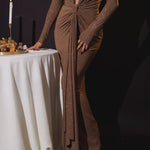 Deep V Long-sleeved Sequin Pleated Maxi Dress