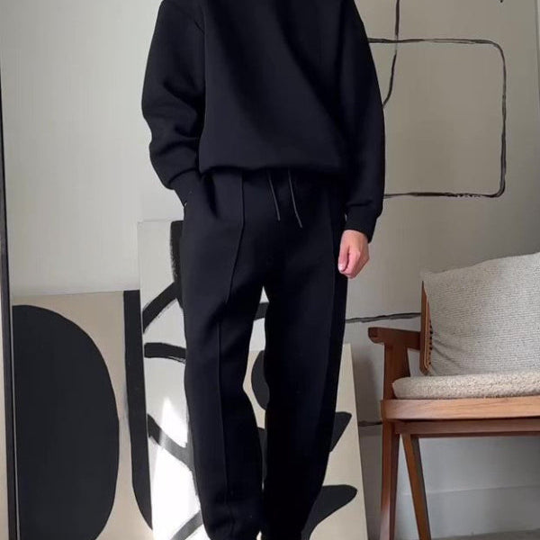 Casual Round Neck Long Sleeve Sweatshirt & Elastic Waist Pants Set - black