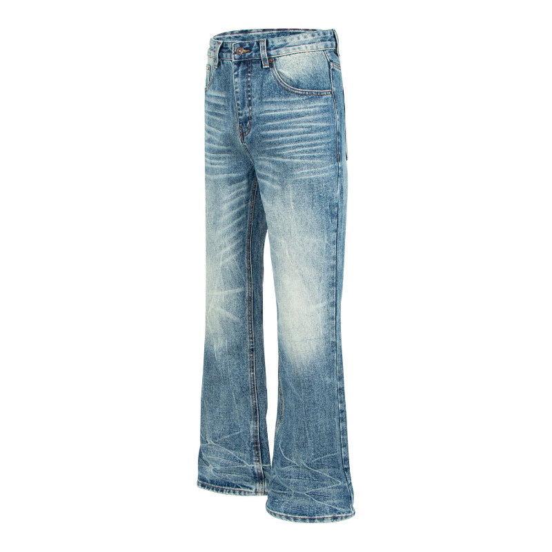 Retro Distressed Cat-Whisker Bamboo Stripe Flared Jeans - blue