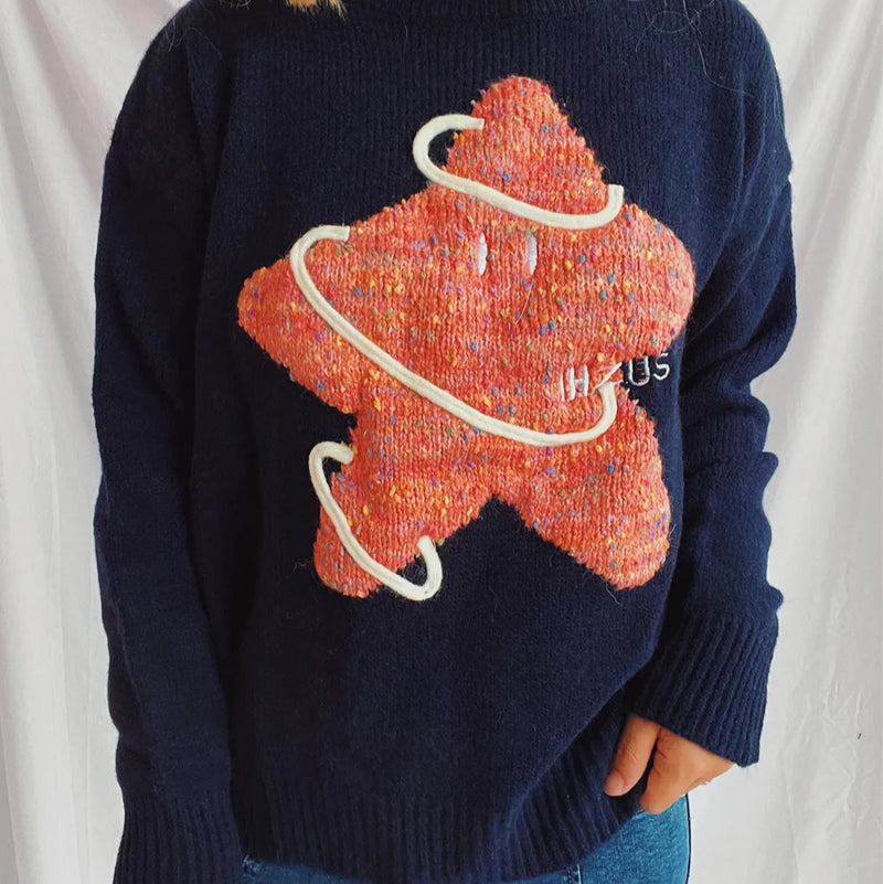 Contrast Star Round Neck Long Sleeve Sweater - runwayfashionista.com