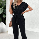 V-Neck Short Sleeve Jumpsuit - runwayfashionista.com