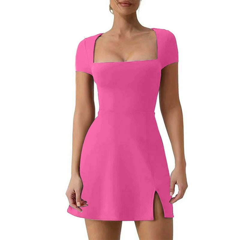 Elegant U-Neck A-Line Midi Dress - pink