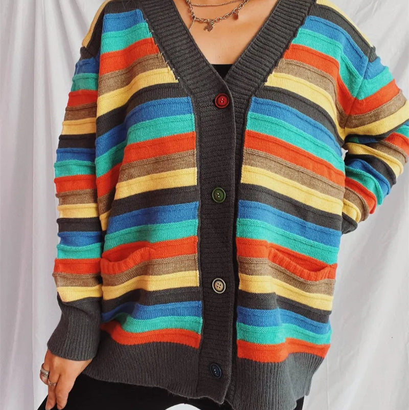 Contrast Stripes Button Up Long Sleeve Cardiganrunwayfashonista.com