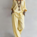 Three-quarter Sleeves Top And Loose Pockets Wide-Leg Pants Set - light yellow