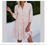 V Neck Button Three-quarter Sleeves Dresses - Pink