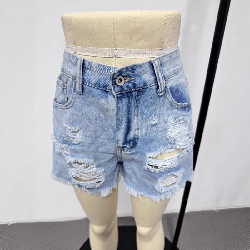 Broken hole slim fit tassel denim shorts