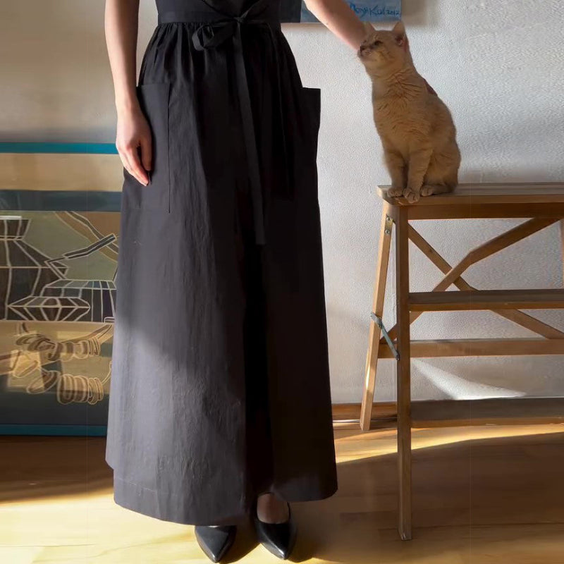 Black Cotton And Linen Side Seam Strapless Maxi Vest Dress