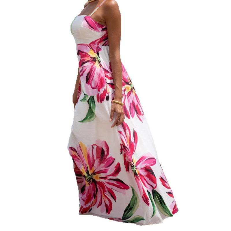 Bohemian Print Large Flower Pocket Maxi Dress - Pink