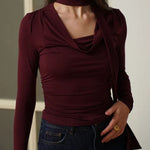 Ribbon V-neck Scarf Long-sleeved Base Top - Brwn