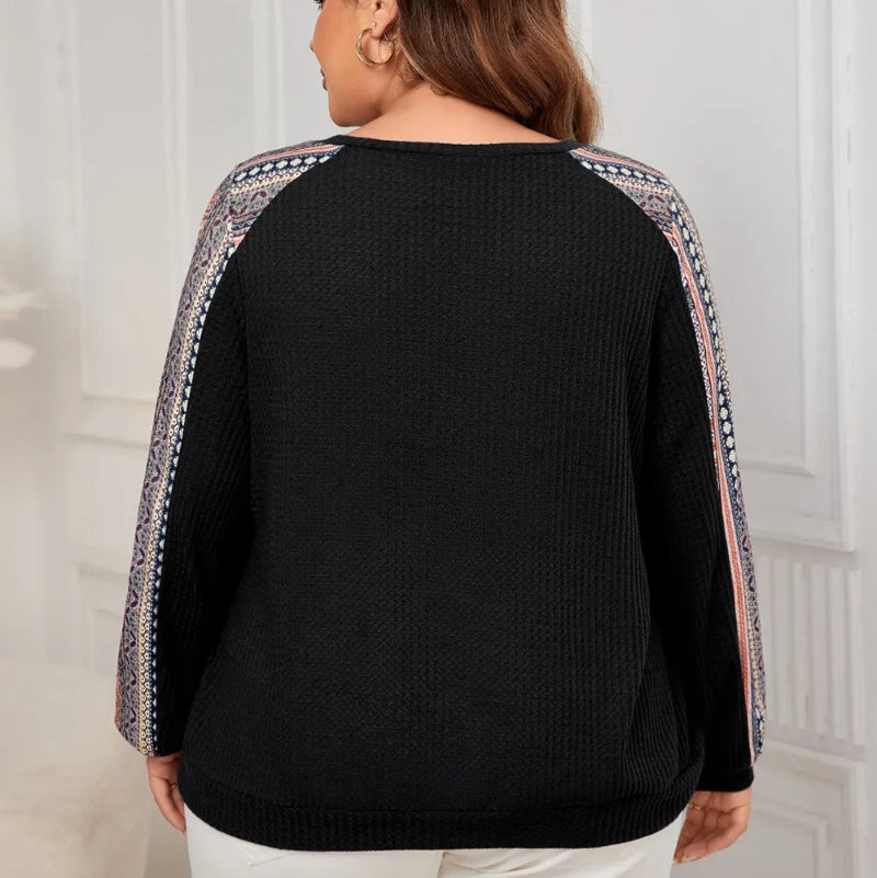 Honey Plus Size Printed Long Sleeve Sweatshirt in Black, Navy, Army Green with geometric print and round neck. Loose fit pullover