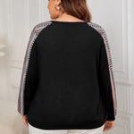 Honey Plus Size Printed Long Sleeve Sweatshirt in Black, Navy, Army Green with geometric print and round neck. Loose fit pullover