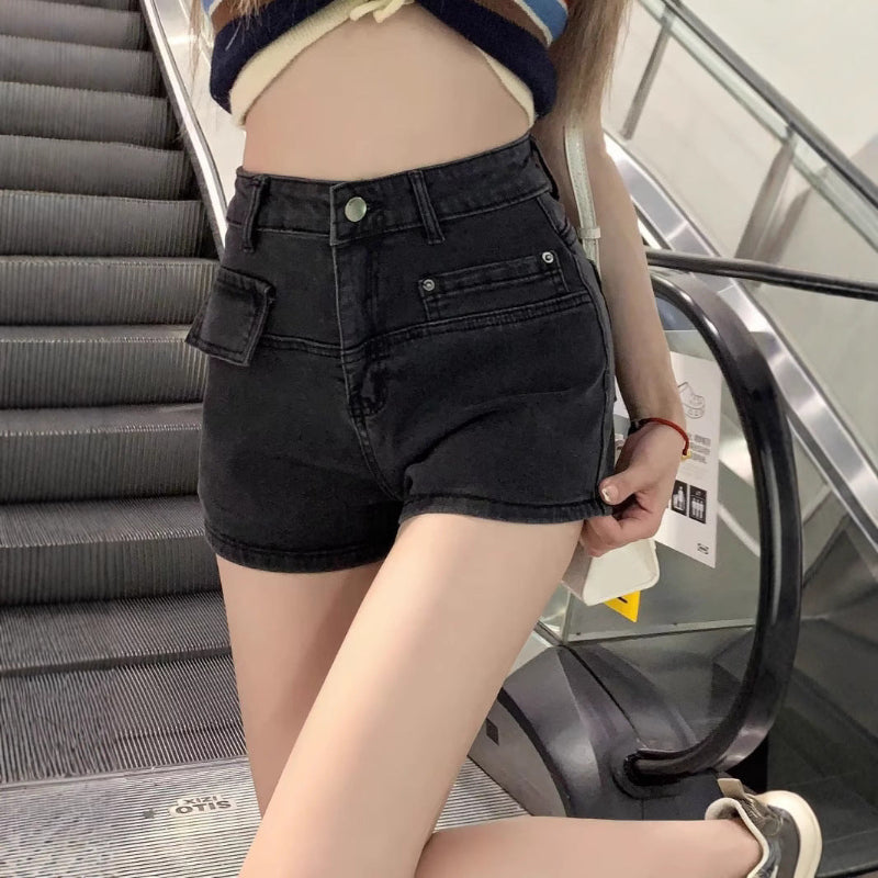 Retro High-Waist Loose Denim Shorts - black