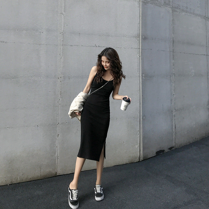 Chic Mid-Length A-Line Strap Dress - black