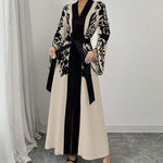 V-neck Long Sleeve Printed Flared Midi Dress - black