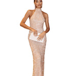Champagne High-Neck Halter All-Over Crystal Bead & Sequin Embellished Backless Slim-Column Evening Gown