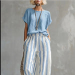 Round Neck Pullover T-Shirt And Striped Print Straight Leg Pants - blue