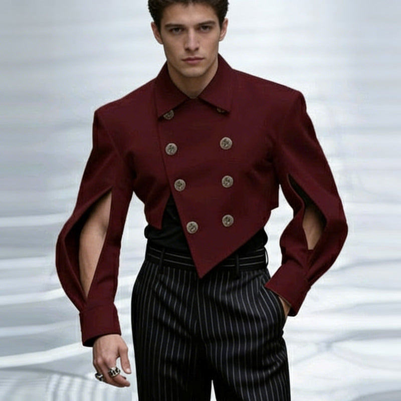 Burgundy Double Breasted Cut Out Sleeve Cropped Blazer