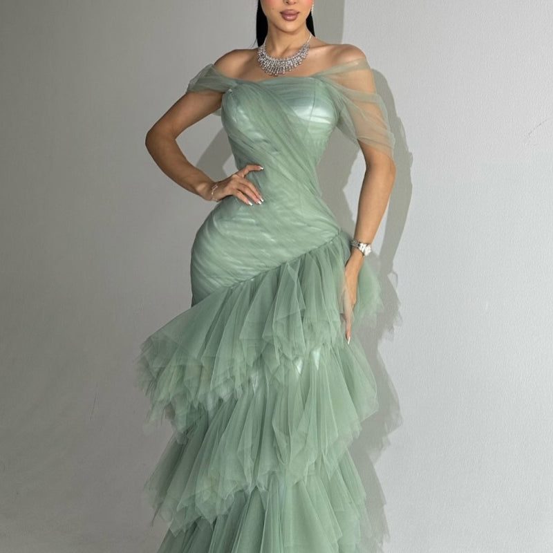 Elegant Light Green Strapless Mermaid Maxi Dress With Layered Tulle Skirt