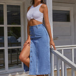 High Waist Split Midi Demin Skirt - runwayfashionista.com