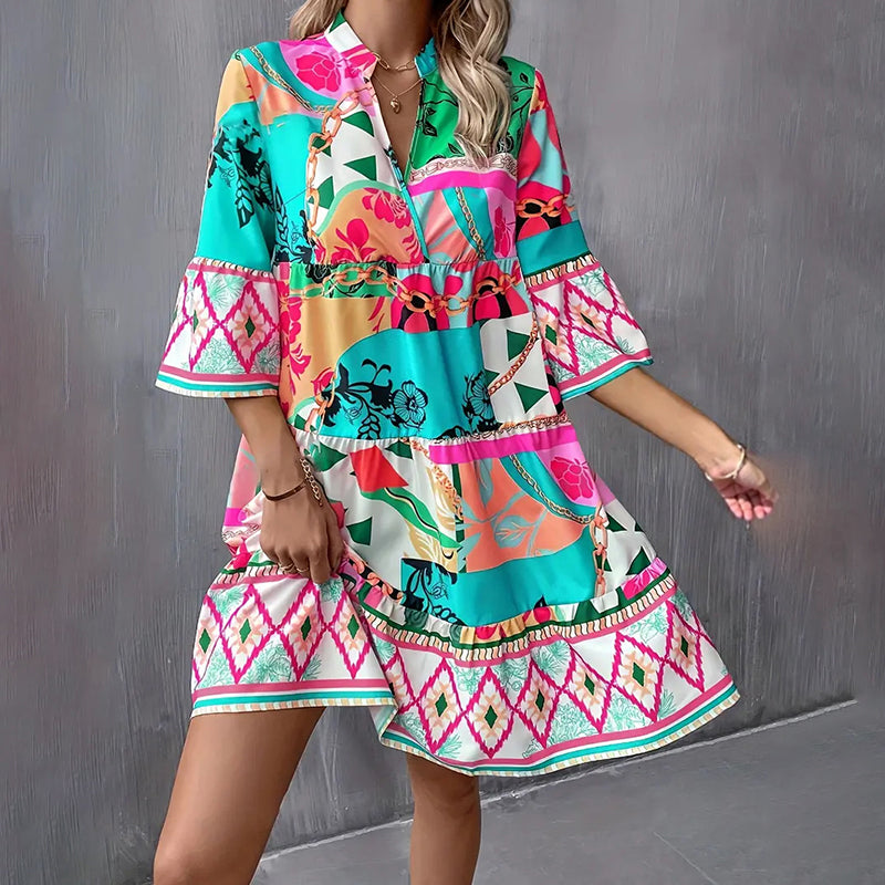 V-Neck Printed Flared Sleeve Pleated Mini Dress