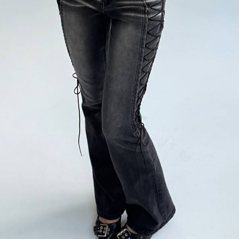 Washed Distressed Side Lace-Up Flare Jeans