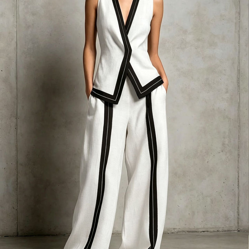 Contrast Trim Vest & Wide Leg Pants Set - white