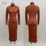 High Neck Long Sleeve Midi Dress - caramel