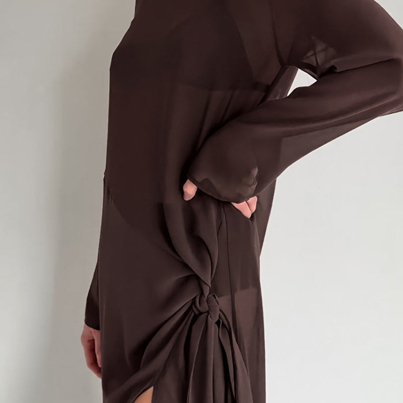 Sheer Mesh Yoke Side-Tie Ruche Front-Slit Maxi Dress
