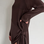 Sheer Mesh Yoke Side-Tie Ruche Front-Slit Maxi Dress