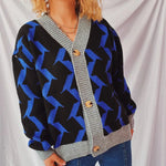 Contrast Trim Geometric V-Neck Long Sleeve Cardigan - runwayfashionista.com