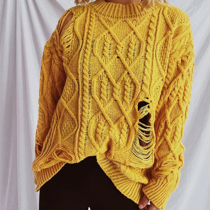 Distressed Cable-Knit Round Neck Long Sleeve Sweater -runwayfashionista.com