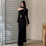 Asymmetrical Shoulder Long Sleeve Maxi Dress