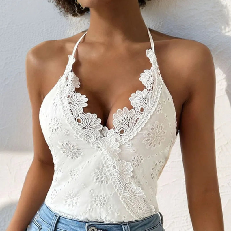 Halter Neck Lace Bodysuit - runwayfashionista.com
