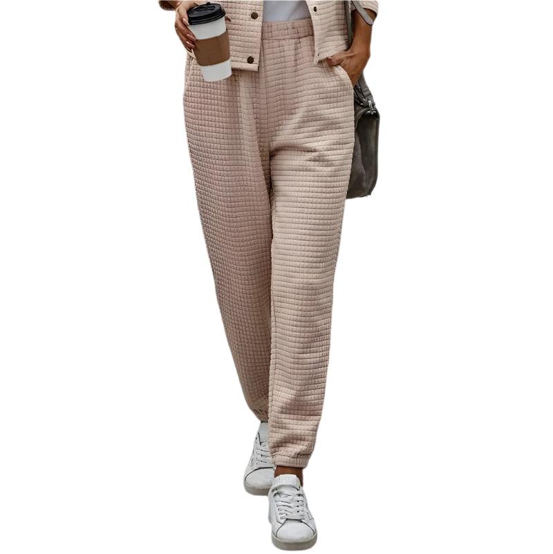 Plaid texture snap down top and pants set - runwayfashionista.com