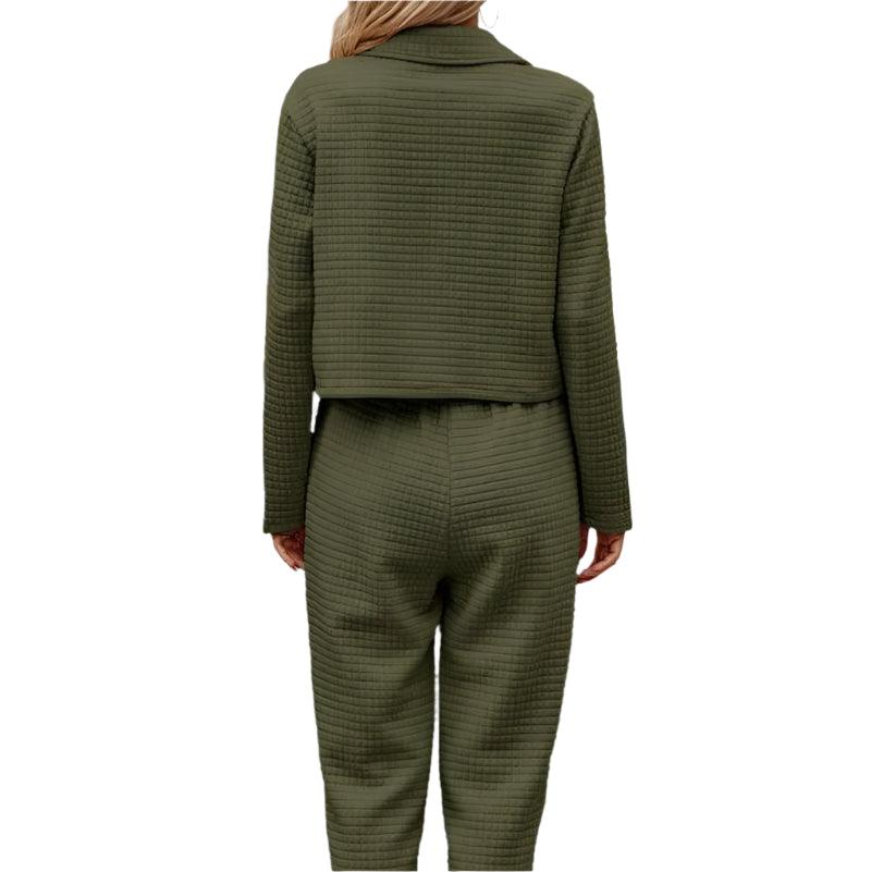 Plaid texture snap down top and pants set - runwayfashionista.com