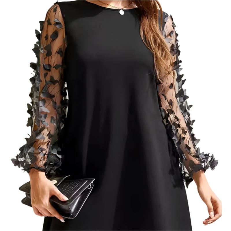 Round neck butterfly mesh long sleeve mini dress - runwayfashionista.com