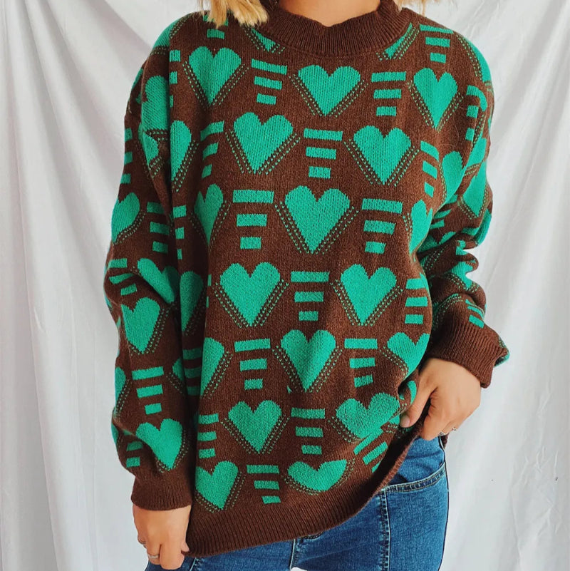 Heart Contrast Long Sleeve Dropped Shoulder Sweater -runwayfashionista.com