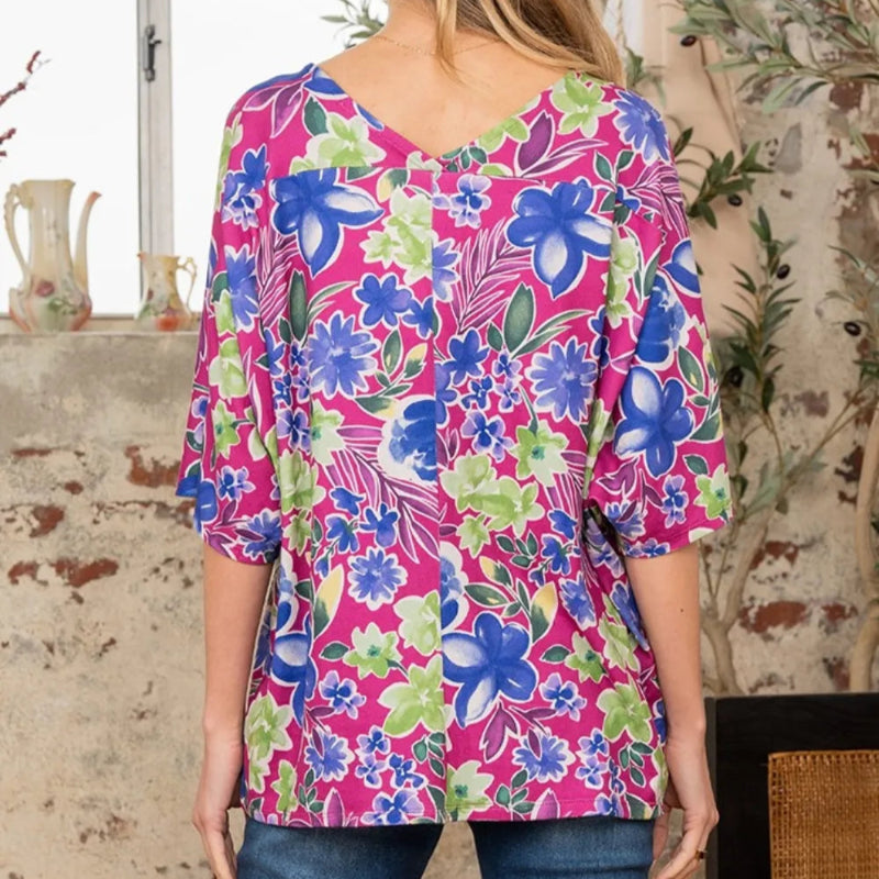 V-Neck Floral Half Sleeve Top- runwayfashionixta.com